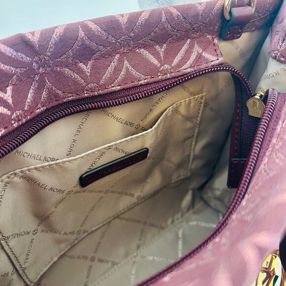 Michael Kors Purse Mirella Small Metallic Logo Jacquard Crossbody Bag Oxblood - Picture 8 of 10